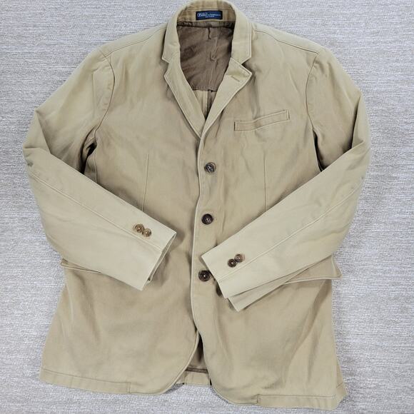 Vintage Polo Ralph Lauren 3 Button Blazer Jacket Mens 42R Khaki Tan Cotton Twill - Picture 16 of 16